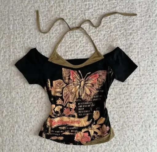 top negro, diseño de mariposa
